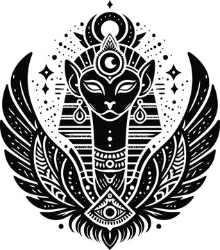 recommend clip art: sphinx in silhouete with bohemian nature pattern illustration