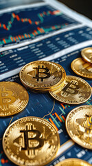 Close up stack of coins with trade graph stock market.