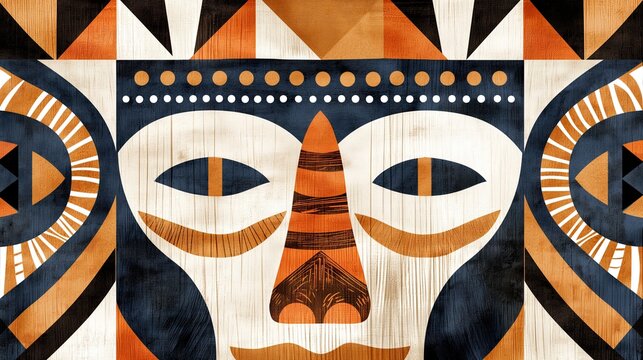 Geometric Dogon tribal face art with earthy tones and abstract shapes..