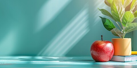 Minimalist still life of an apple on books, with a vase and plant on a light teal background, creating a calm and serene study environment.