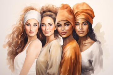 Obraz premium Celebrate International Womens Day with a joyful watercolor illustration of a group of happy women friends.