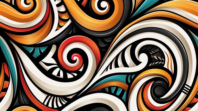 Abstract colorful swirls and shapes in red, orange, and blue tones creating a vibrant, dynamic Maori moko pattern.