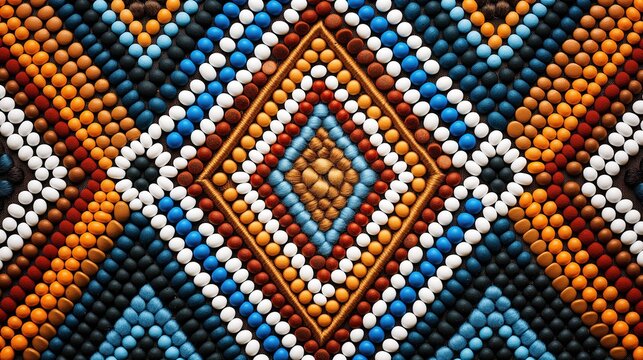 Intricate bead Masai pattern with vibrant colors in blue, orange, and white, creating a detailed and symmetrical design.