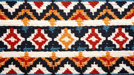Close-up of a woven ethnic Sami Nordic textile with intricate geometric patterns in red, blue, orange, and white, featuring diamond and zigzag designs..