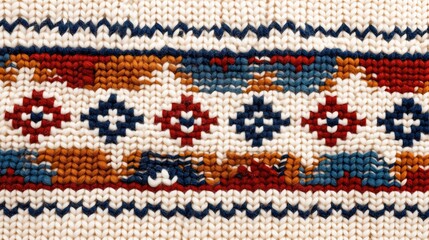 Close-up of a colorful knitted fabric with intricate ethnic Sami Nordic patterns, featuring red, blue, orange, and white yarn, showcasing traditional textile craftsmanship.