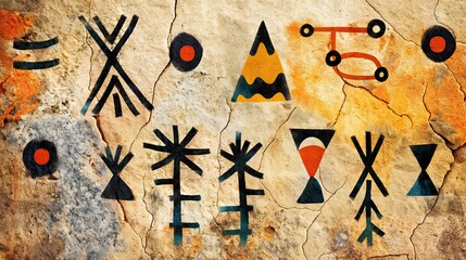 Ethnic San symbols and abstract shapes on a cracked stone texture background.