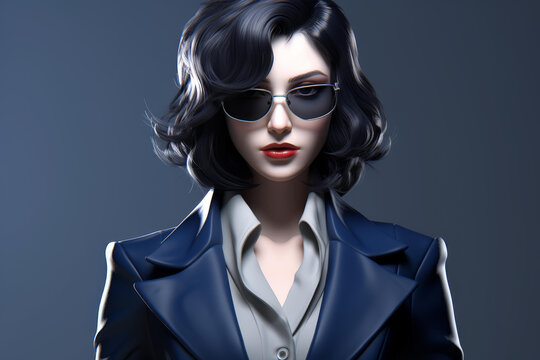 Detailed 3D model of a female character in glasses and a silver suit, ideal for cartoons, computer games, with a beautiful face.