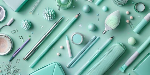 Minimalist arrangement of green-themed stationery items, glasses, and plants on a light green background, creating a serene and organized study environment.