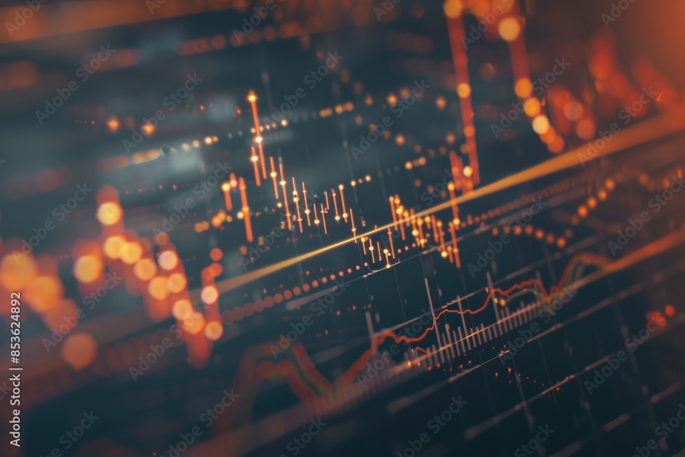 Poster a close-up view of a financial market graph showing trends and data