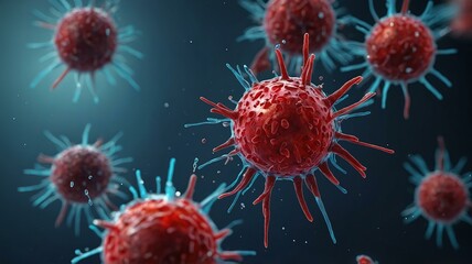 Obraz premium Illustration of red flesh-eating bacterias cells, microscope background. Dangerous strain cases as pandemic. Healthcare and medicine