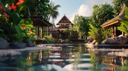 A serene pool surrounded by lush greenery and a gazebo in the background