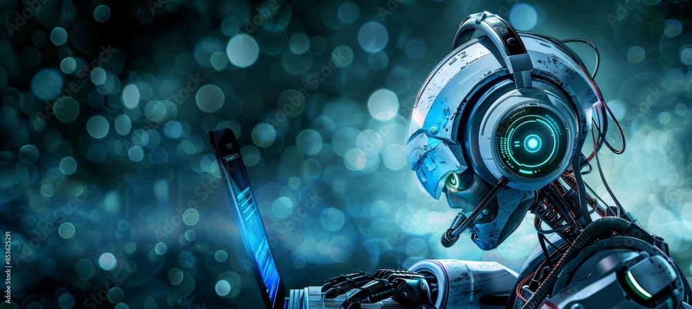 Aufkleber customer service robot at computer, blurred office background with space for text