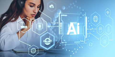 Woman in headphones , AI chip hologram and robot communication icons