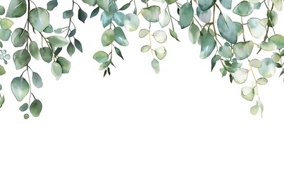 Herbal Eucalyptus Leaves Frame: Isolated on White Transparent Background, PNG, Minimalist Greenery Wedding Invitation, Watercolor Style Card