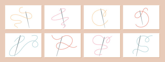 Needles threading colorful threads set in different curvy patterns. Cute illustration with needle and thread for sewing, needlework, and embroidery projects. Tailor tools for handmade craft designs.