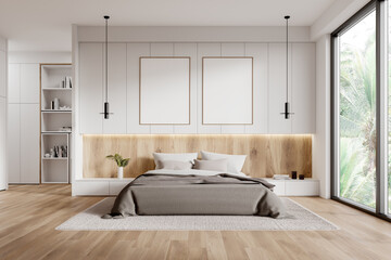 Stylish hotel bedroom interior with bed and shelf, window. Mockup frames