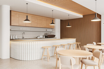 Stylish cafe interior with bar island and dining tables with chairs in row