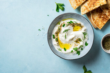 Labneh yogurt cream cheese dip with pita bread