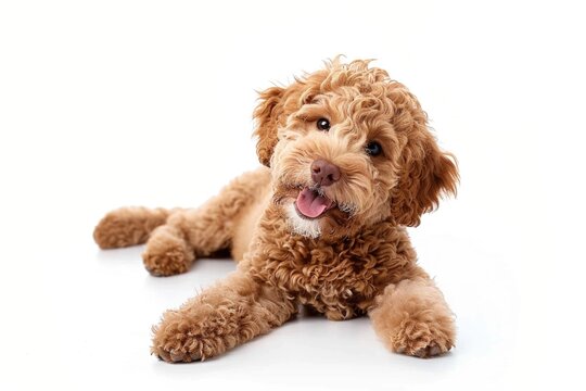 A brown dog is laying down on a white surface