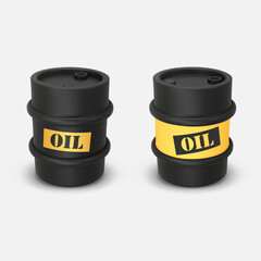 Black and yellow round metal drums. 3D rendering. Vector illustration isolated on white. Barrel of oil. Dangerous chemical liquids, flammable gases, waste. Oil Industry, Petrol Sign