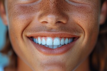 Fototapeta premium Close-up of a bright smiling European young man showing off healthy white teeth