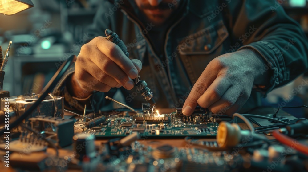 Poster a person working on a circuit board with various electronic components