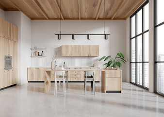 Modern minimalist kitchen interior with wooden cabinets, light tone colors, on a cityscape background, representing contemporary home design. 3D Rendering