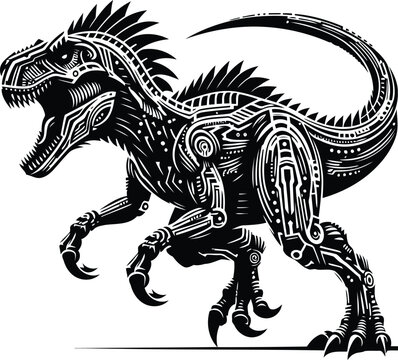 black and white robotic dinosaur walking clip art preview