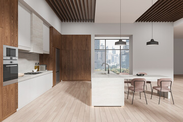 Modern home kitchen interior with bar island and cabinet, panoramic window