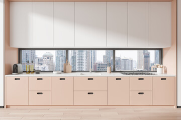 Modern kitchen with white and pink cabinets, large window showing urban skyline, light interior, contemporary kitchen design. 3D Rendering