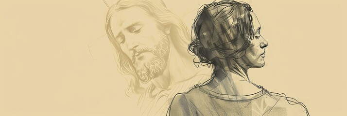 Fototapeta premium Jesus Appearing in Worship: Peace and Reflection, Biblical Illustration of Devotion, Ideal for Inspirational Use,Christian banner
