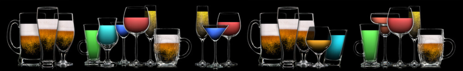 Silhouette of multicolor neon different glasses on black background