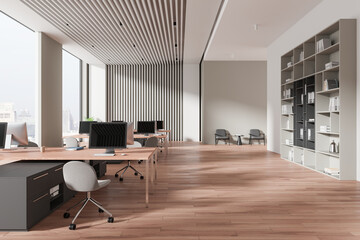 Business interior with chill and coworking zone, shelf and panoramic window