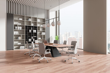 Modern business room interior with meeting table and chairs, panoramic window