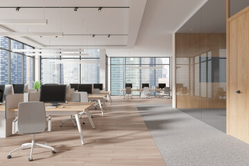 Modern open-plan office space with wood and glass elements, bright lighting, cityscape background, concept of contemporary workspace. 3D Rendering