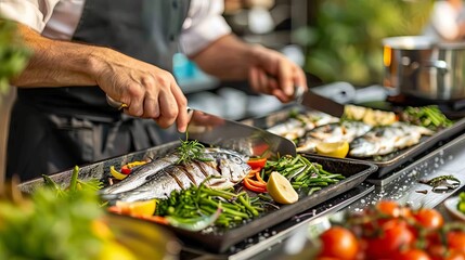 Obraz premium Chef skillfully filleting fish on a wooden cutting board for culinary preparation