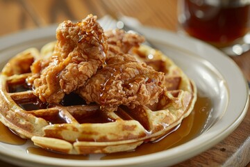 Southern comfort waffles with crispy fried chicken and maple syrup, a classic southern delight