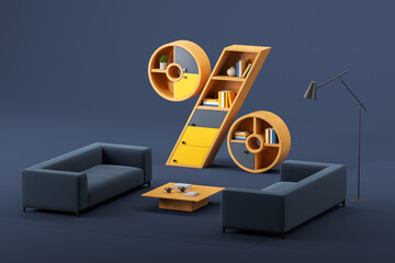 Top view of shelf percent sign and two sofas. Sale or discount