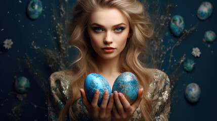 Naklejka premium A young woman with captivating blue eyes holds glittery Easter eggs in her portrait, Ai Generated.