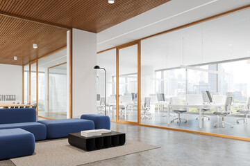 Modern coworking interior soft place and coworking room, panoramic window