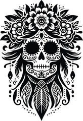 sugar skulls in silhouete with bohemian nature pattern illustration