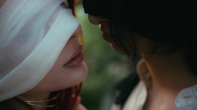 Cinematic close up video of blindfolded man and woman softly touching while kissing capturing intense emotional connection