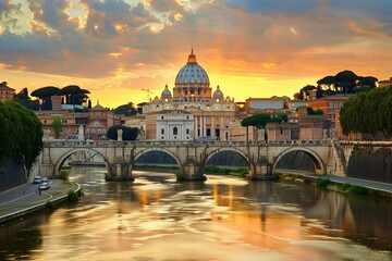 Fototapeta premium Sunset View of St. Peters Basilica and the Tiber River in Rome