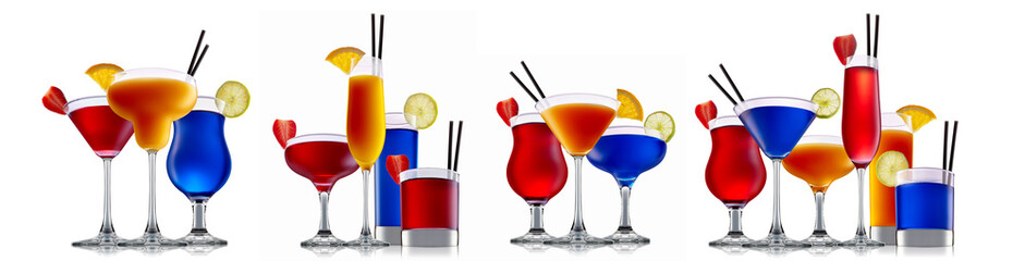 Set of cocktails with decoration from fruits isolated on white background