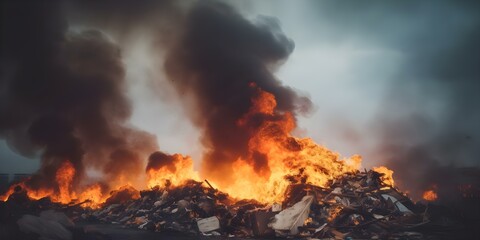 Burning landfill waste emitting smoke and pollutants into the air. Concept Landfill Pollution, Air Quality, Waste Management, Environmental Concerns, Toxic Emissions