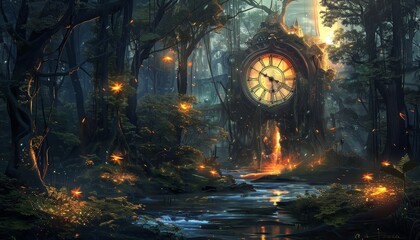 Fototapeta premium A forest with a large clock in the middle by AI generated image