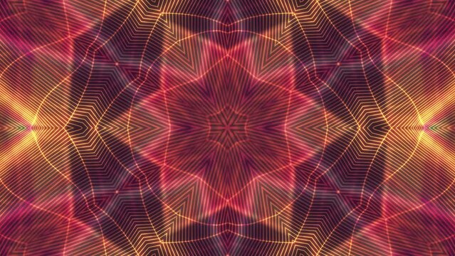 Kaleidoscope geometric ornament shapes pattern video. Glowing blurred art design loop motion - 3D abstract decoration background.