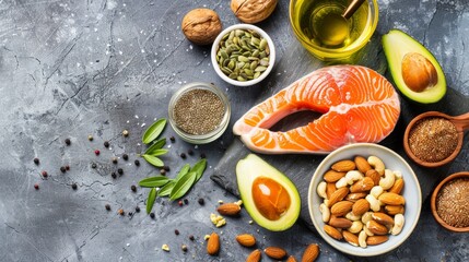 Fresh salmon steaks, spices and lemon slices falling on stone background