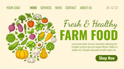 Fresh and healthy farm food, vegetables icons, round form. Order organic, natural veggies, product home delivery. Landing page vector template for website, web, grocery, online store, farmer market.
