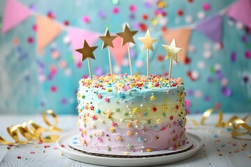 Beautiful pastel rainbow colored birthday cake with gold star cake topper